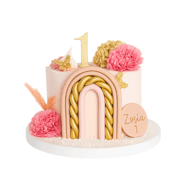 Tort Boho złoto, kwiaty